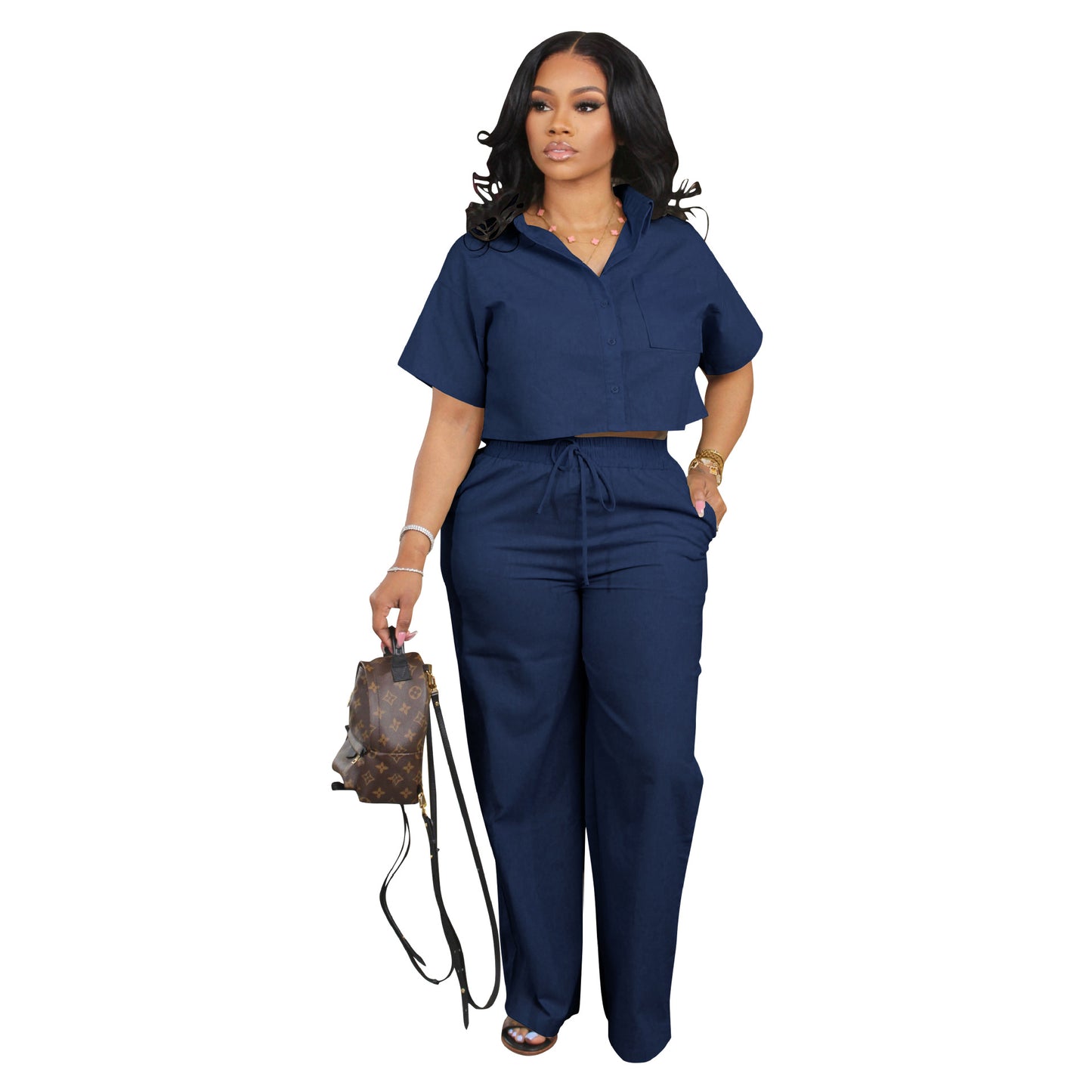 Women's Shirt Sleeve Two-piece Set Linen Leisure Office Suits