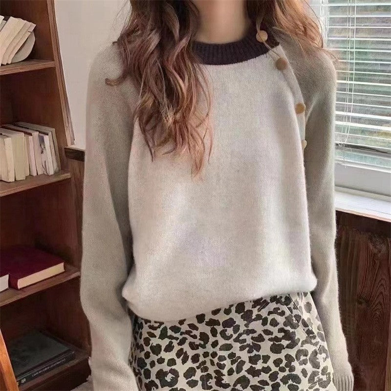 Women's Contrast Color Crew Neck Pullover Casual Irregular Diagonal Sweater
