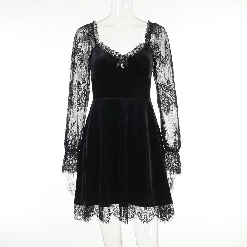 Women's Dark Lace Stitching Long Sleeve Ruffled Dresses