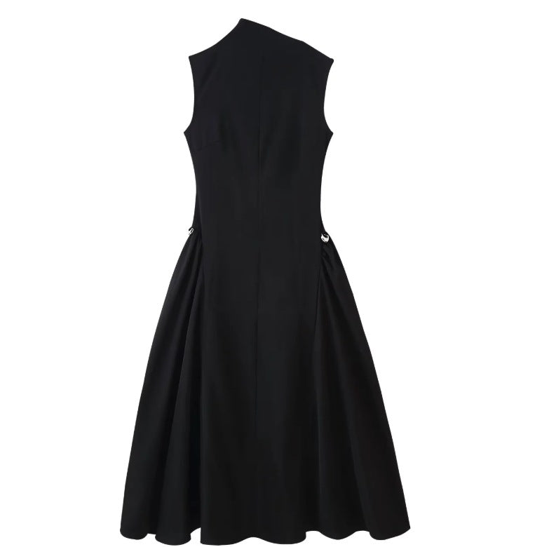 Women's High-grade Metal Button Symmetrical Pleated Sleeveless Dresses