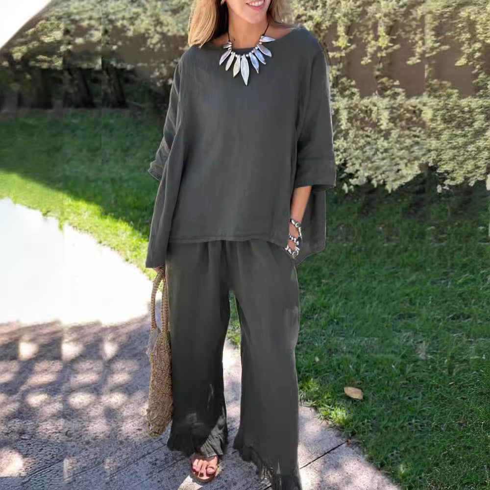 Women's Cotton Linen Solid Color Loose Trousers Fashion Casual Suit