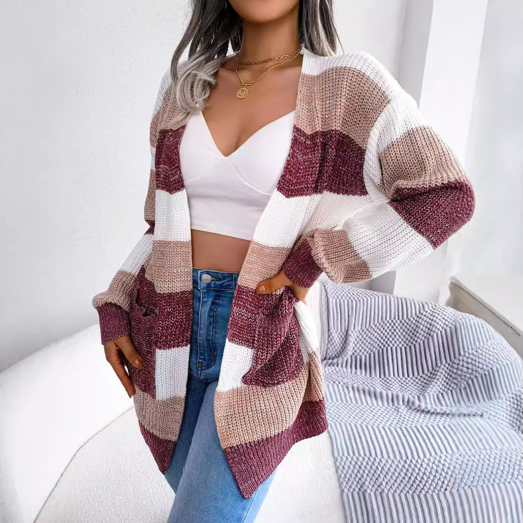 Women's Contrast Color Striped Lantern Sleeve Casual Cardigans