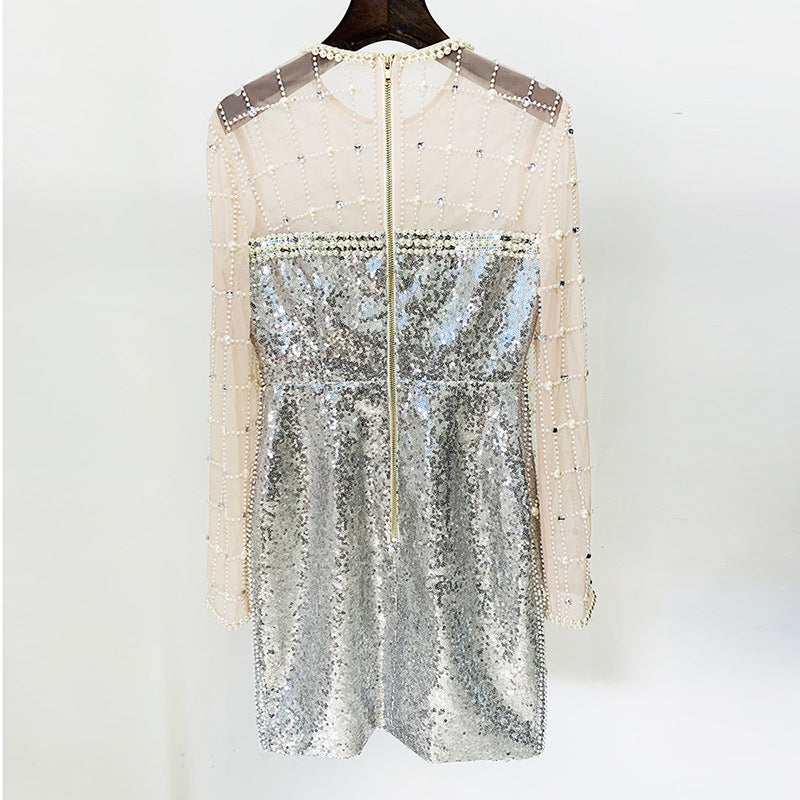 Fashion Pearl Beaded Sequins Long Sleeve Dresses