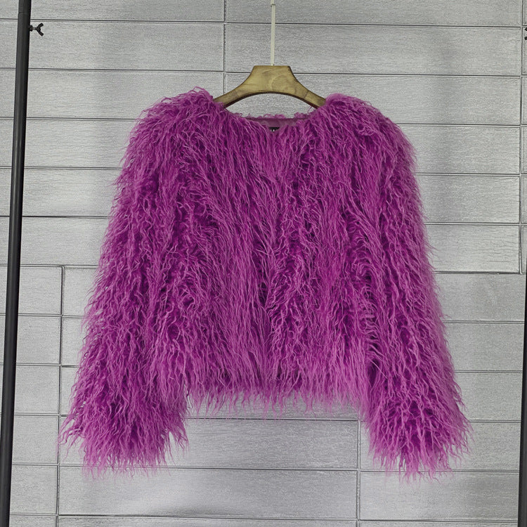 Women's Imitated Tibet Sheep Fur Collarless Solid Coats
