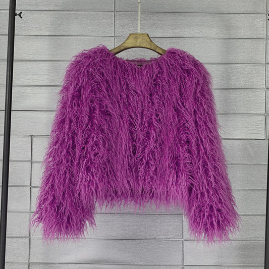 Women's Imitated Tibet Sheep Fur Collarless Solid Coats