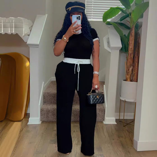 Women's Casual Daily Rib Contrast Color Round Neck Suits