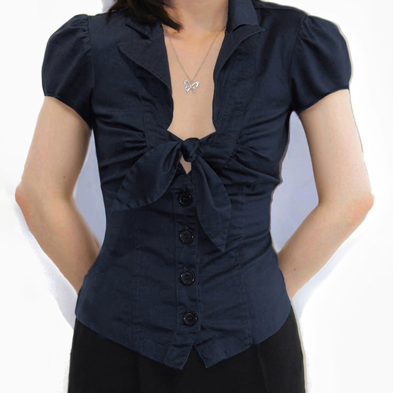 Women's Organ Pleated Solid Color Collar Short-sleeved Blouses