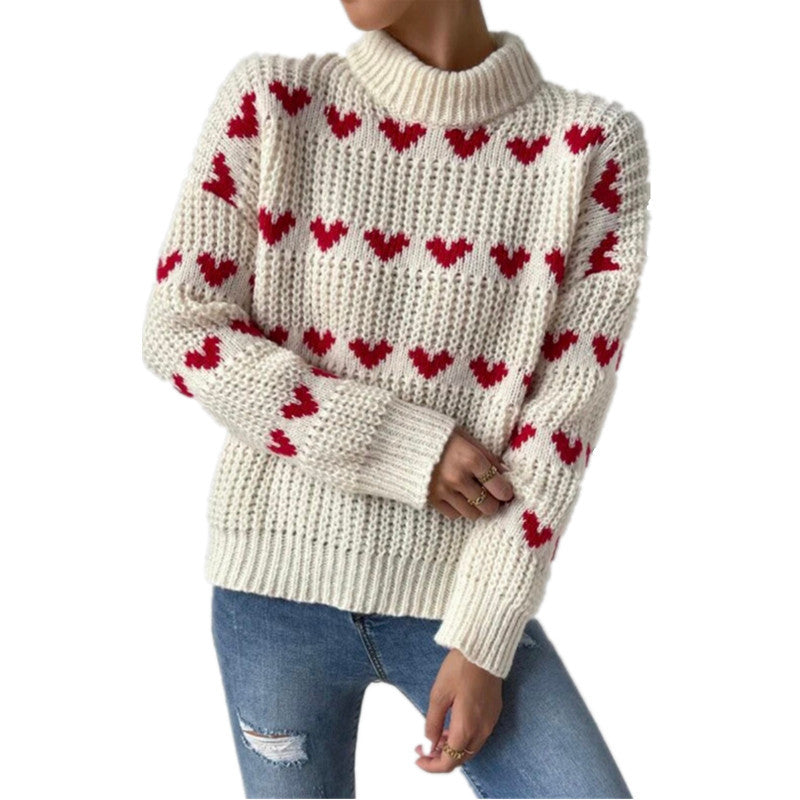 Graceful Women's Loose Love Jacquard Pullover Sweater