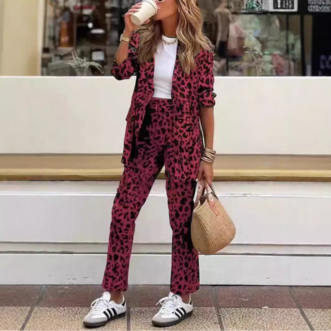 Women's Leopard Print Printed Long-sleeved High Waist Suits