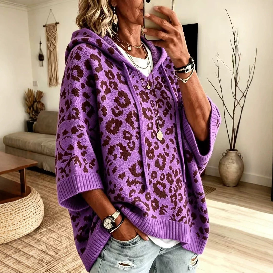 Leopard Print Hooded Drawstring Knitted Outerwear Pullover Sweater