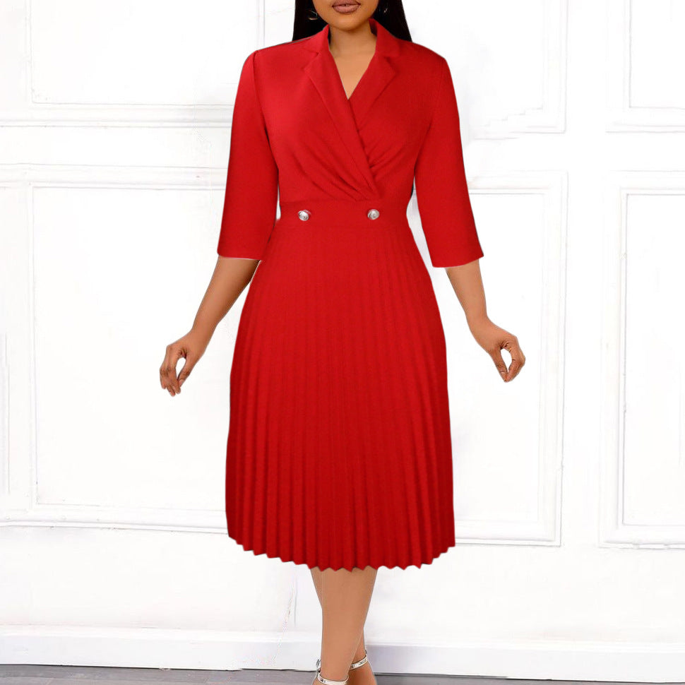 Women's Autumn Solid Color Elegant Collar Pleated Dress