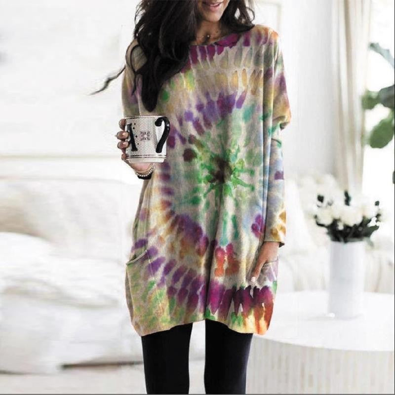 Women's Printed Spiral Batwing Sleeve Sweatshirt Dress