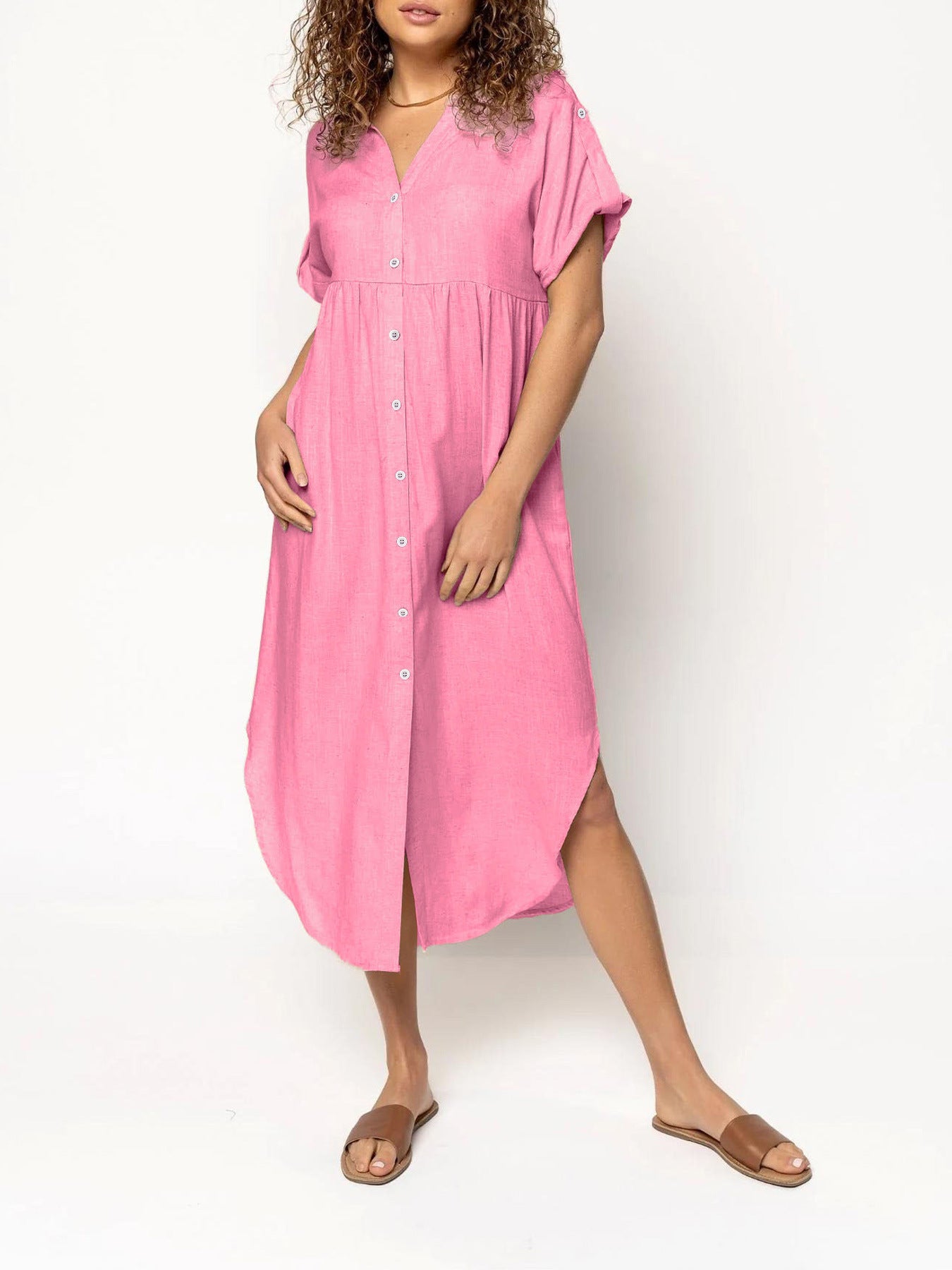 Loose Temperament Casual Solid Color Buttons Dress