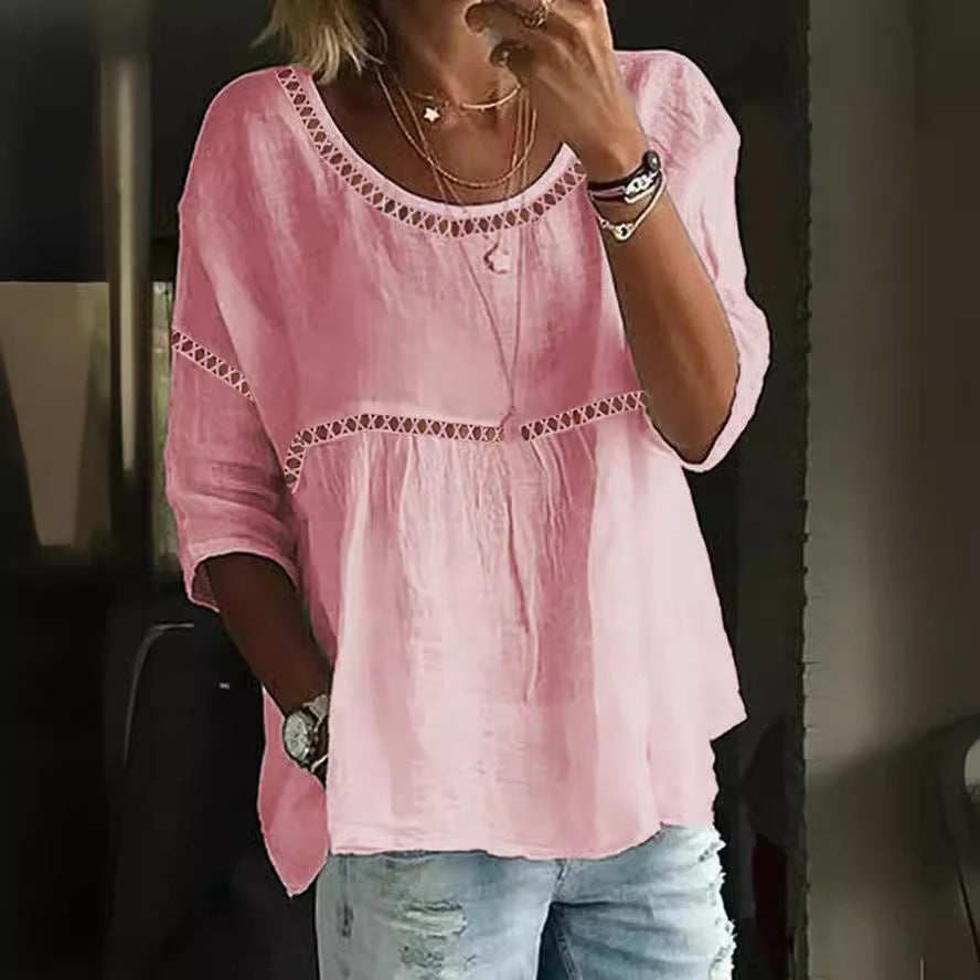 Women's Round Neck Hollowed Leisure Lace Patchwork Blouses