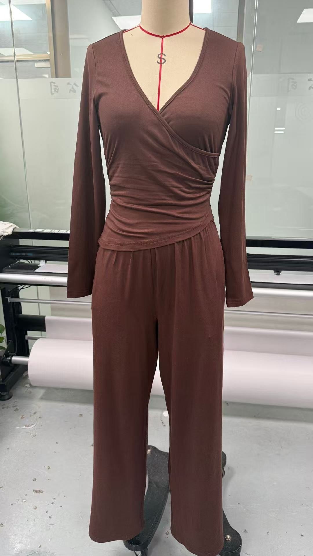 Solid Color Warp Knitted Long-sleeved Matching Fashion Casual Suit
