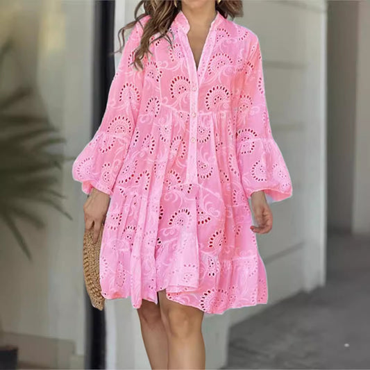 Solid Color Loose Embroidered Cutout Lace Dresses