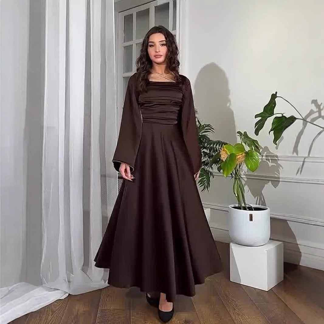 Women's Spring Design Diamond Tied Long Sleeves Satin Dresses