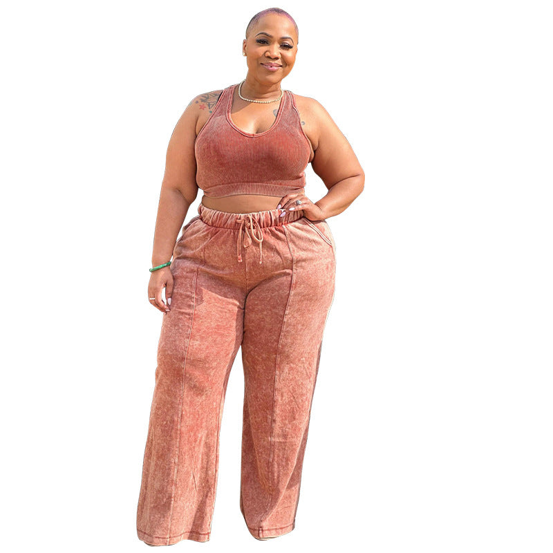 Women's Sleeveless Midriff Outfit Elastic Waist Wide Suits