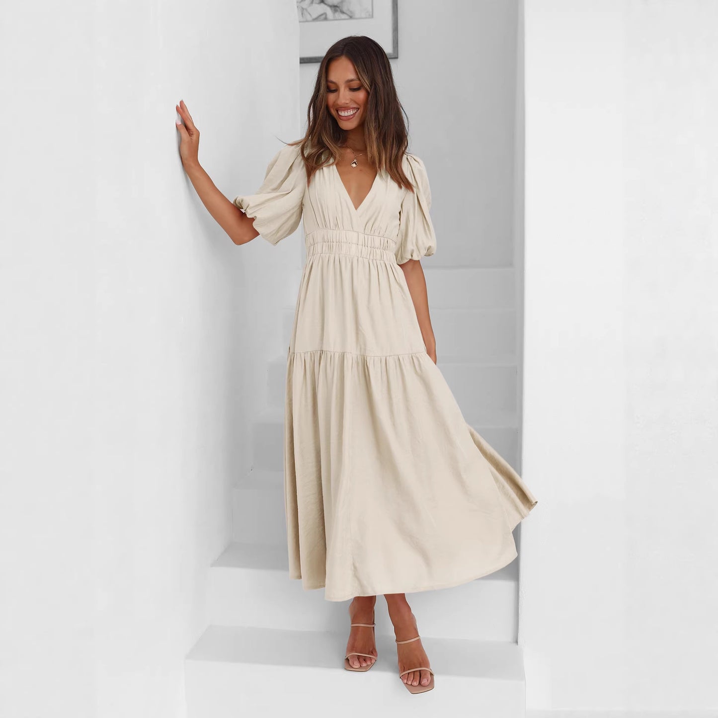 Women's Fashion Wear Summer High-grade Deep V Puff Sleeve Dress