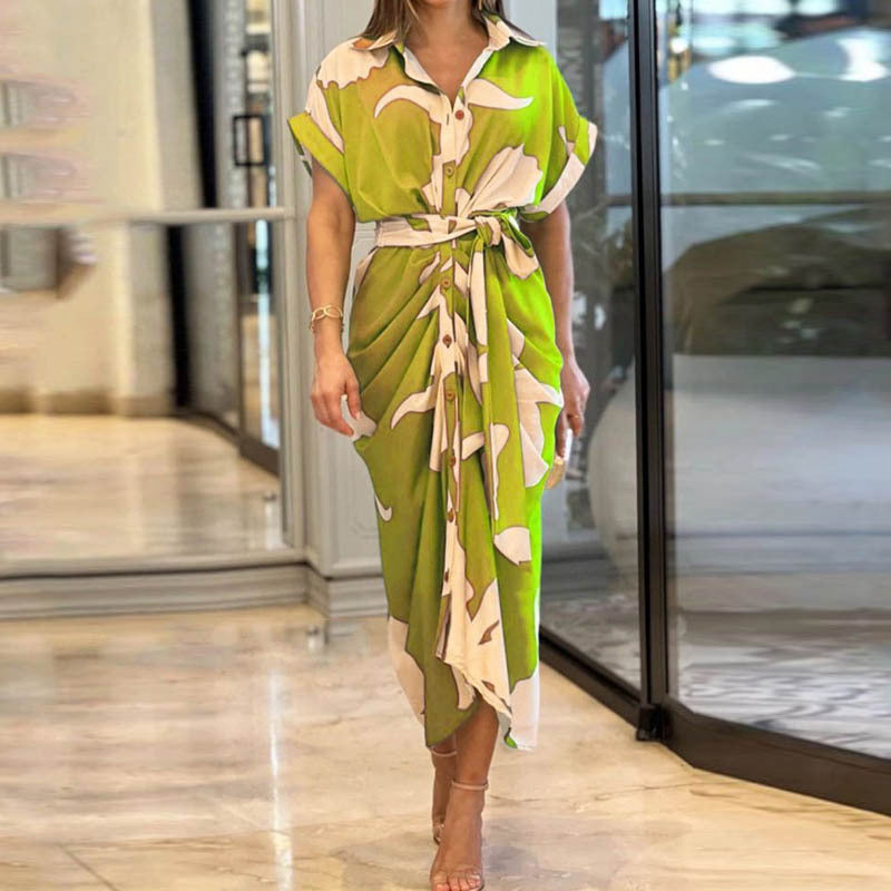 Women's Mid-length Sleeve Single-breasted High Waist Shirt Dresses