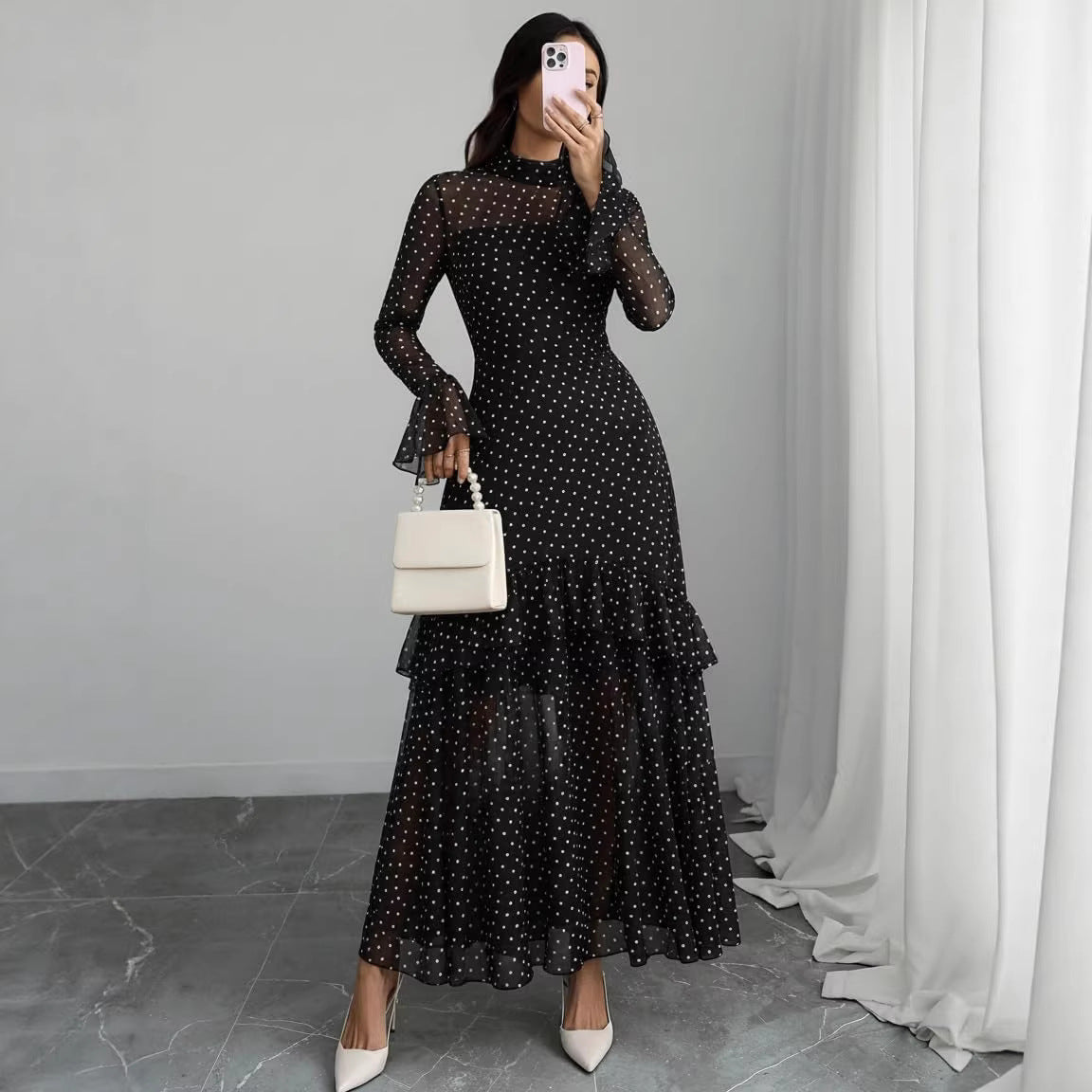 Women's Printed Black Ruffle Sleeve Plant Floral Print Dress