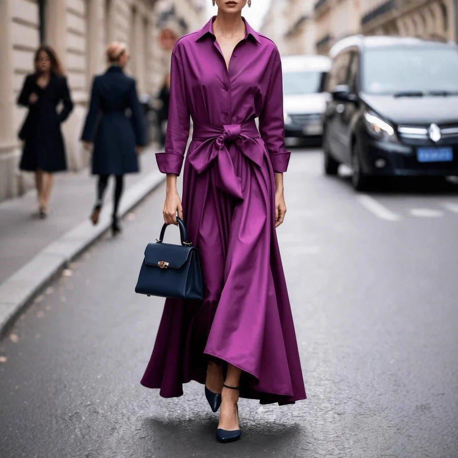 Women's Shirts Collar Solid Color Maxi Dress Dresses