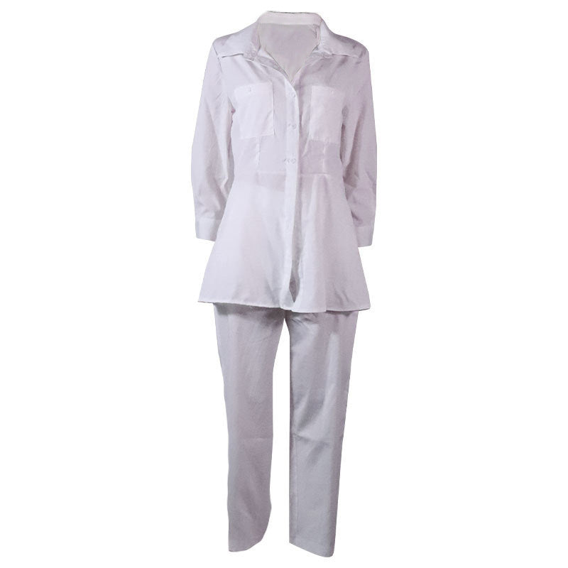 Women's Long-sleeved Shirt Solid Color Trouser Two-piece Suits