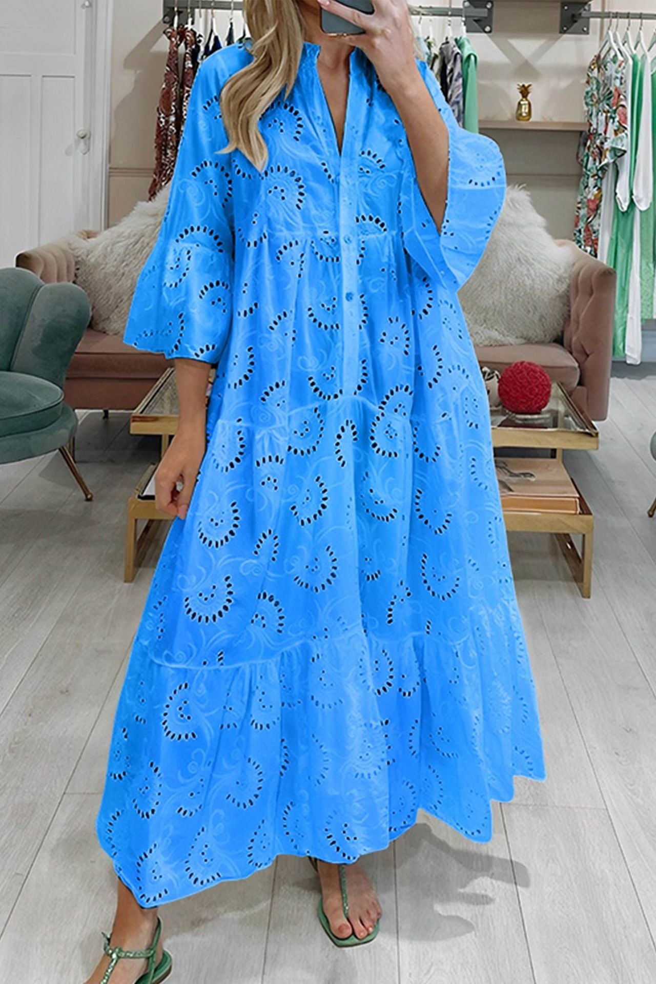 Women's Elegant Puff Sleeve Solid Color Hollow Loose Dresses