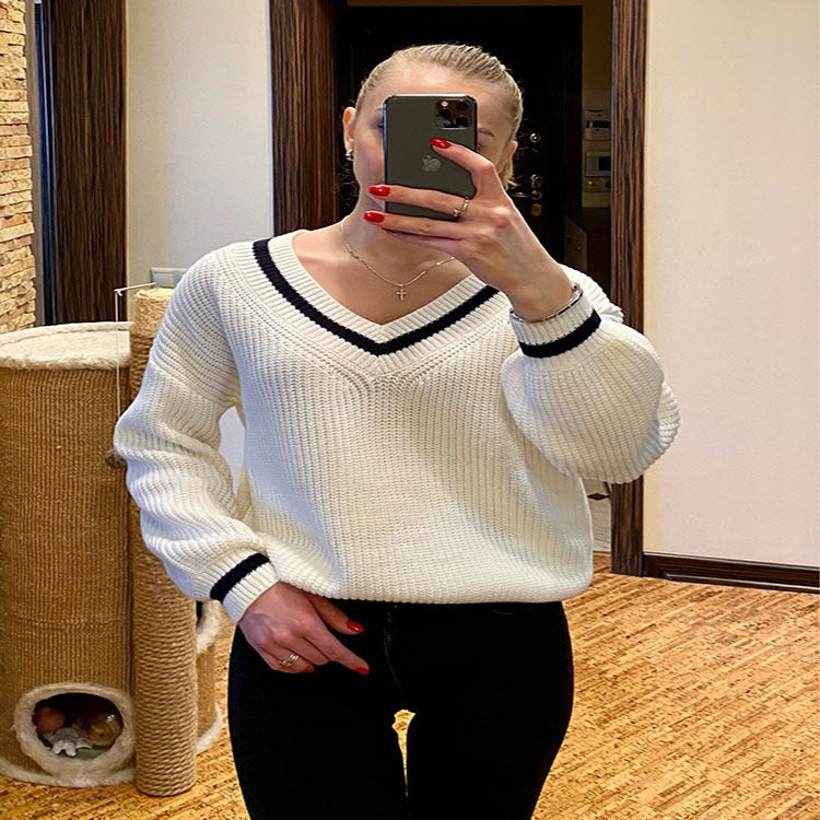 Women's Casual Patchwork Contrast Colors Slimming Loose Sweaters