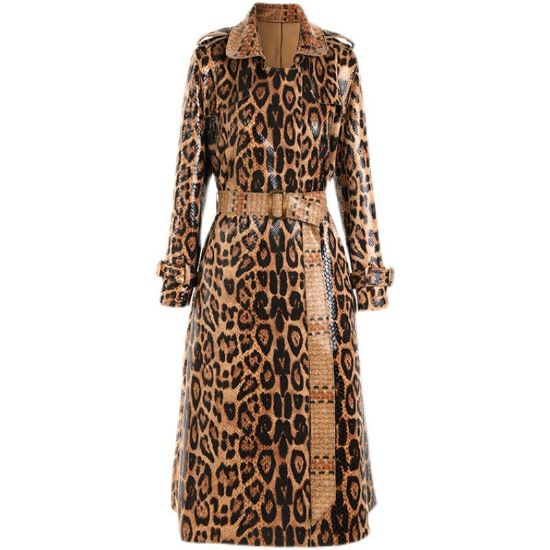 Women's Leopard Print Long Trench Goddess Sleeve Coats