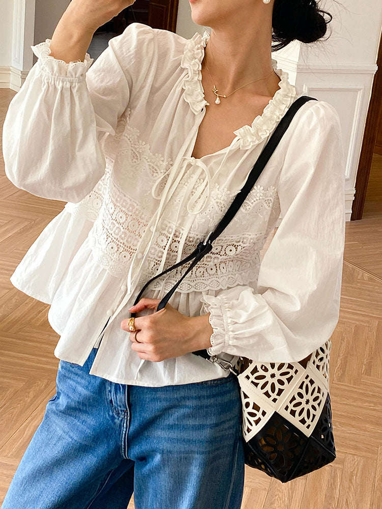 Women's Autumn Lace Shirt French Style Design Long Blouses