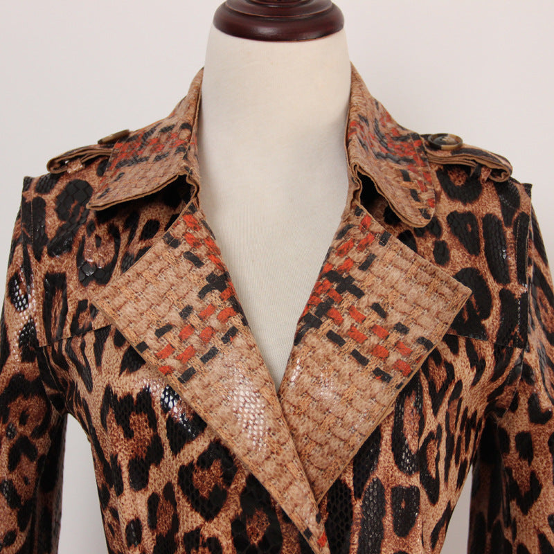Women's Leopard Print Long Trench Goddess Sleeve Coats