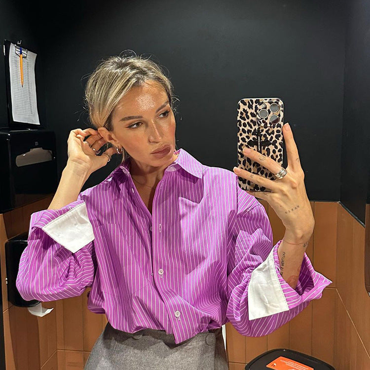 Women's Casual Contrast Color Striped Long-sleeved Shirt Blouses