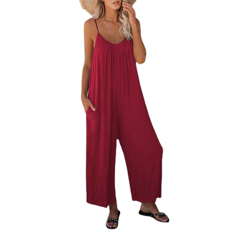 Women's Summer Trousers Solid Color Pocket Loose Pants