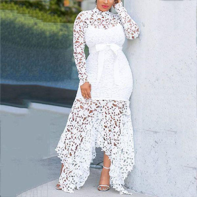 Women's Lace Hollow Out Long Sleeve Stand-up Collar Tie Dresses