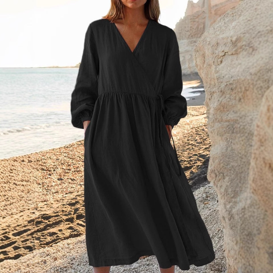 Solid Color Loose High Waist Cotton Dress