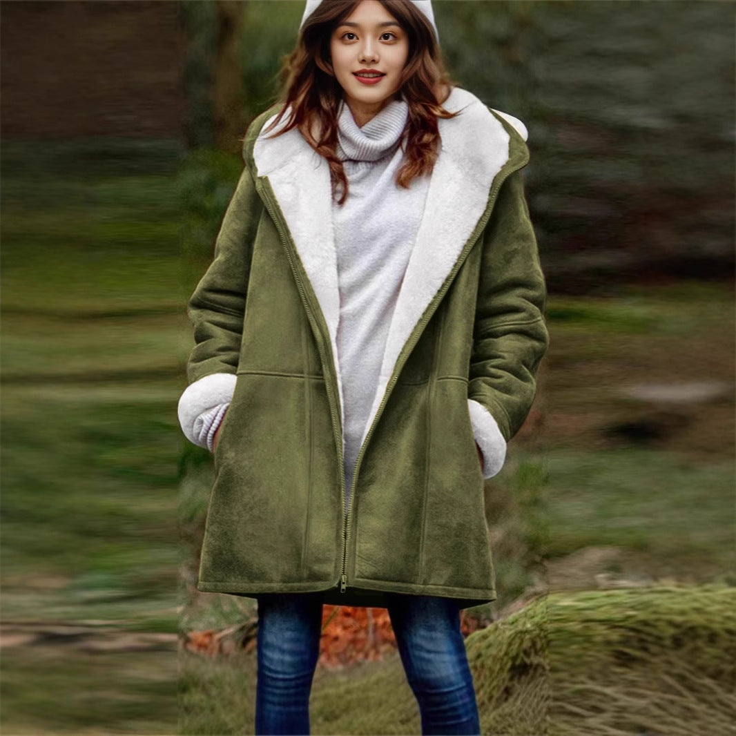 Women's Loose Veet Thickened Solid Color Mid-length Coats