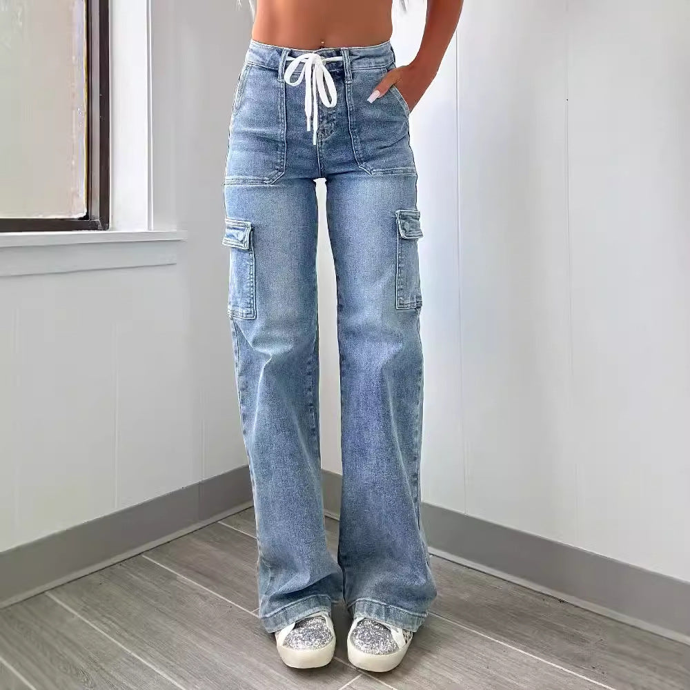 Women's Straight American Casual Lace Up Functional Jeans