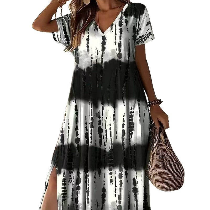 Women's Large Casual Summer Digital Floral Print Slit Street Style Dress
