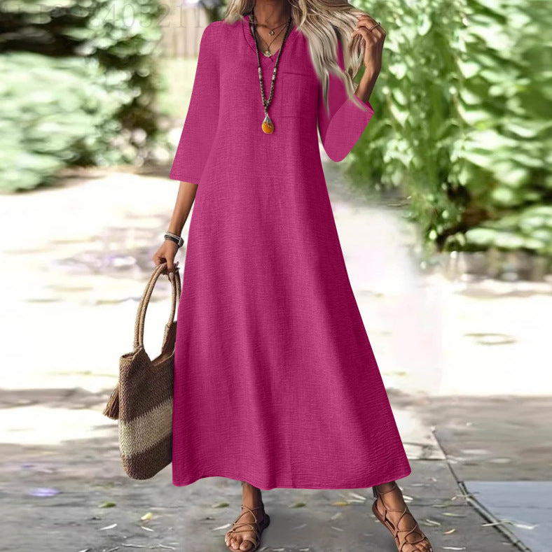 Zipper Sleeve Cotton Linen Solid Color Dress