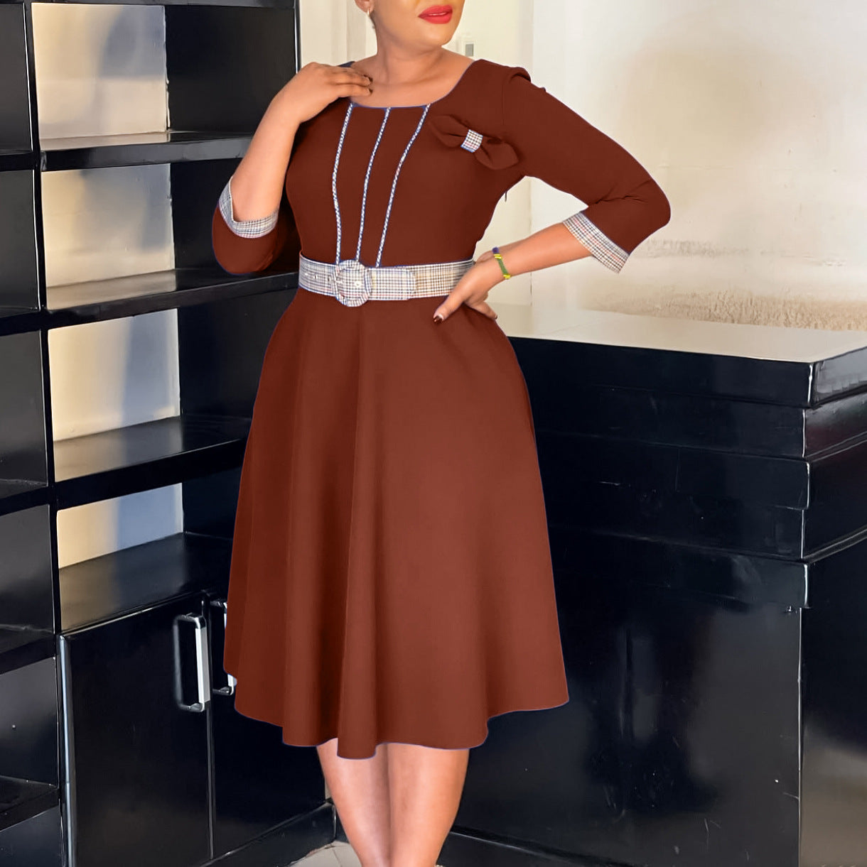 Women's Fashion Elegant Round Neck Stitching African Dress