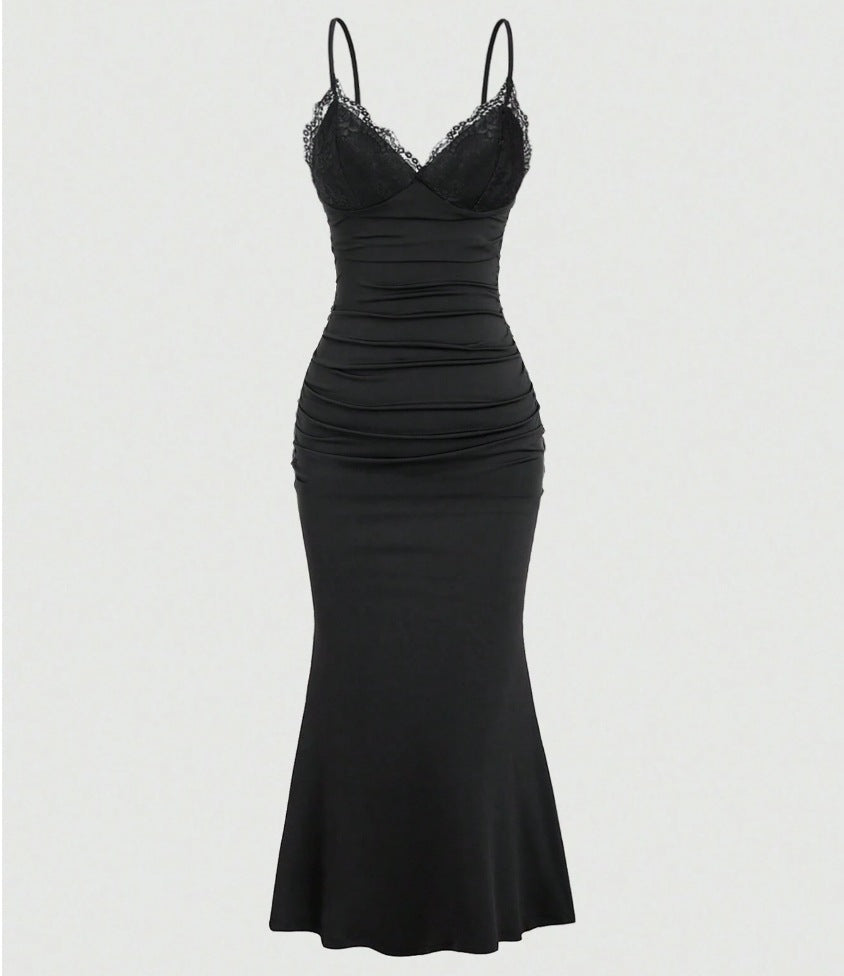 Women's American Elegant Lace Stitching Solid Color Pleated Fishtail Hem Suspender Dress