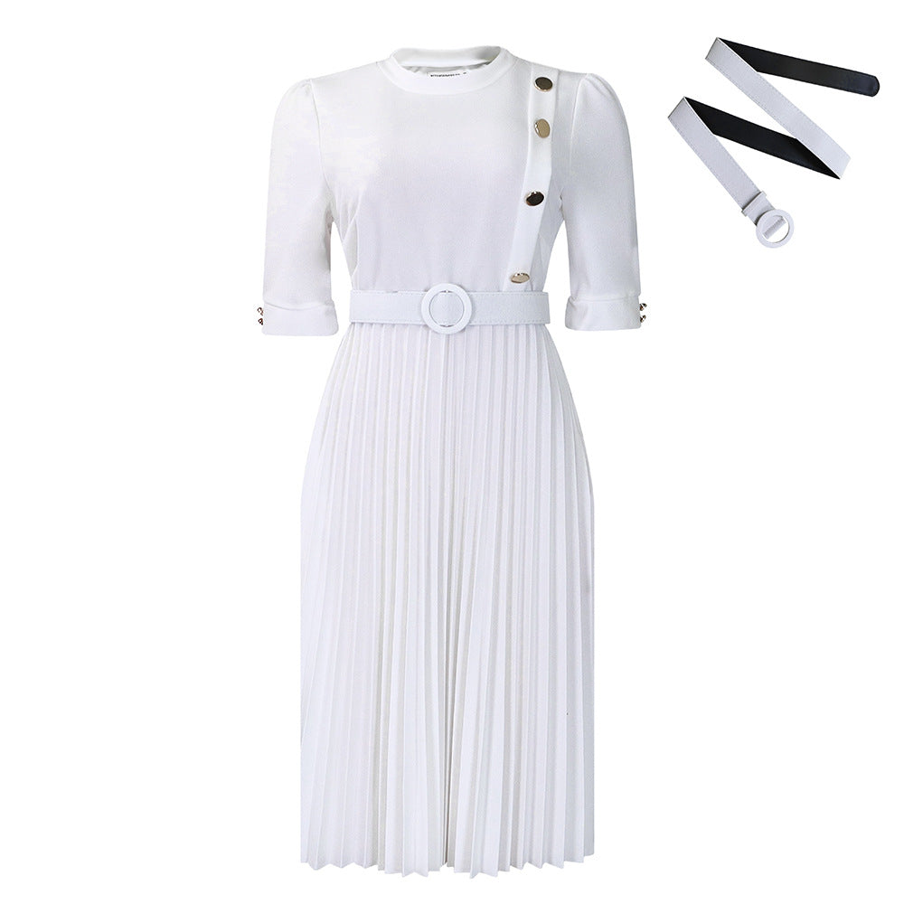 Women's African Temperament Pure Color Pleated Button Dresses