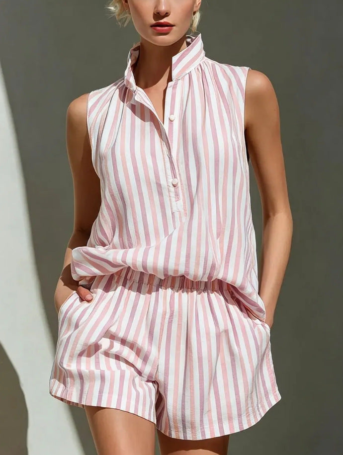 Women's Stand Collar Striped Shirt Elastic Wide Leg Fashion Casual Suit