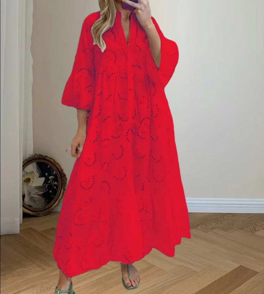 Women's Elegant Puff Sleeve Solid Color Hollow Loose Dresses