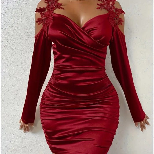 Cool Satin Elegant Lace Tight Draped Dress
