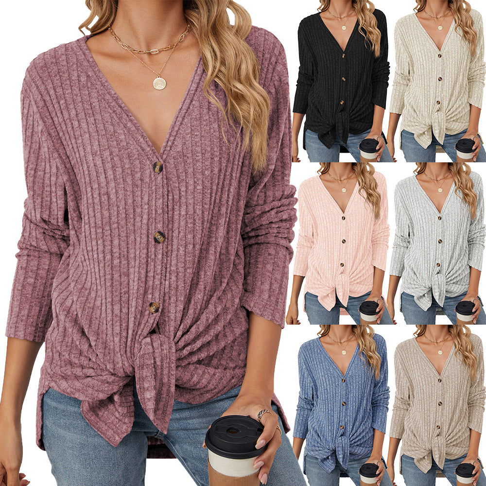 Women's Solid Color Long Sleeve Button Knitted Emerized Women's Sweater