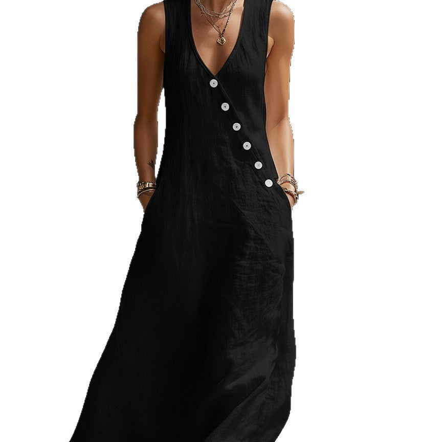Idle Style Double-breasted Cotton Linen Sleeveless Dress