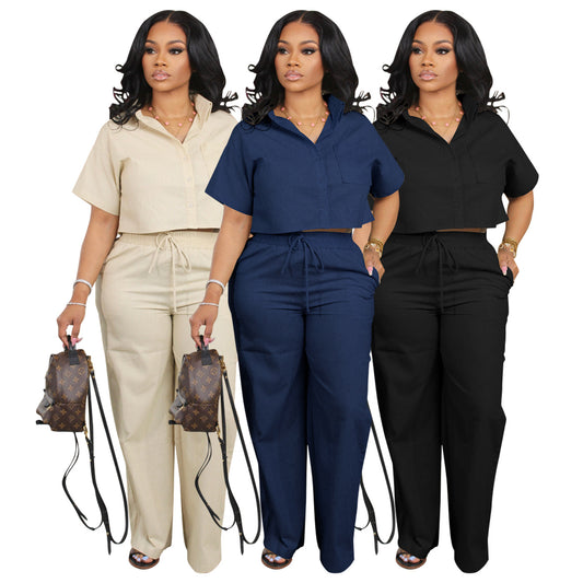 Women's Shirt Sleeve Two-piece Set Linen Leisure Office Suits