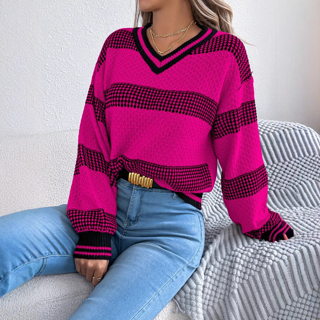 Women's Contrast Color Striped Lantern Long Sleeve Sweater